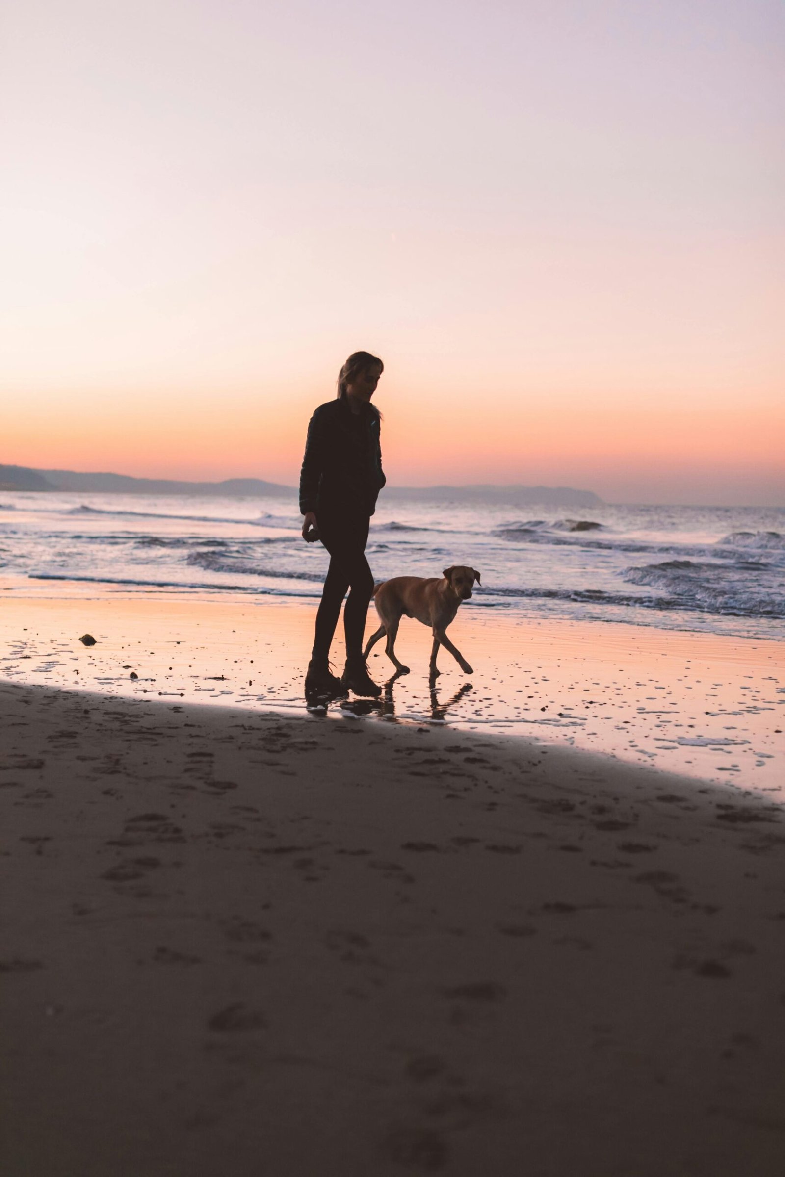 Una mujer en la playa con su perro